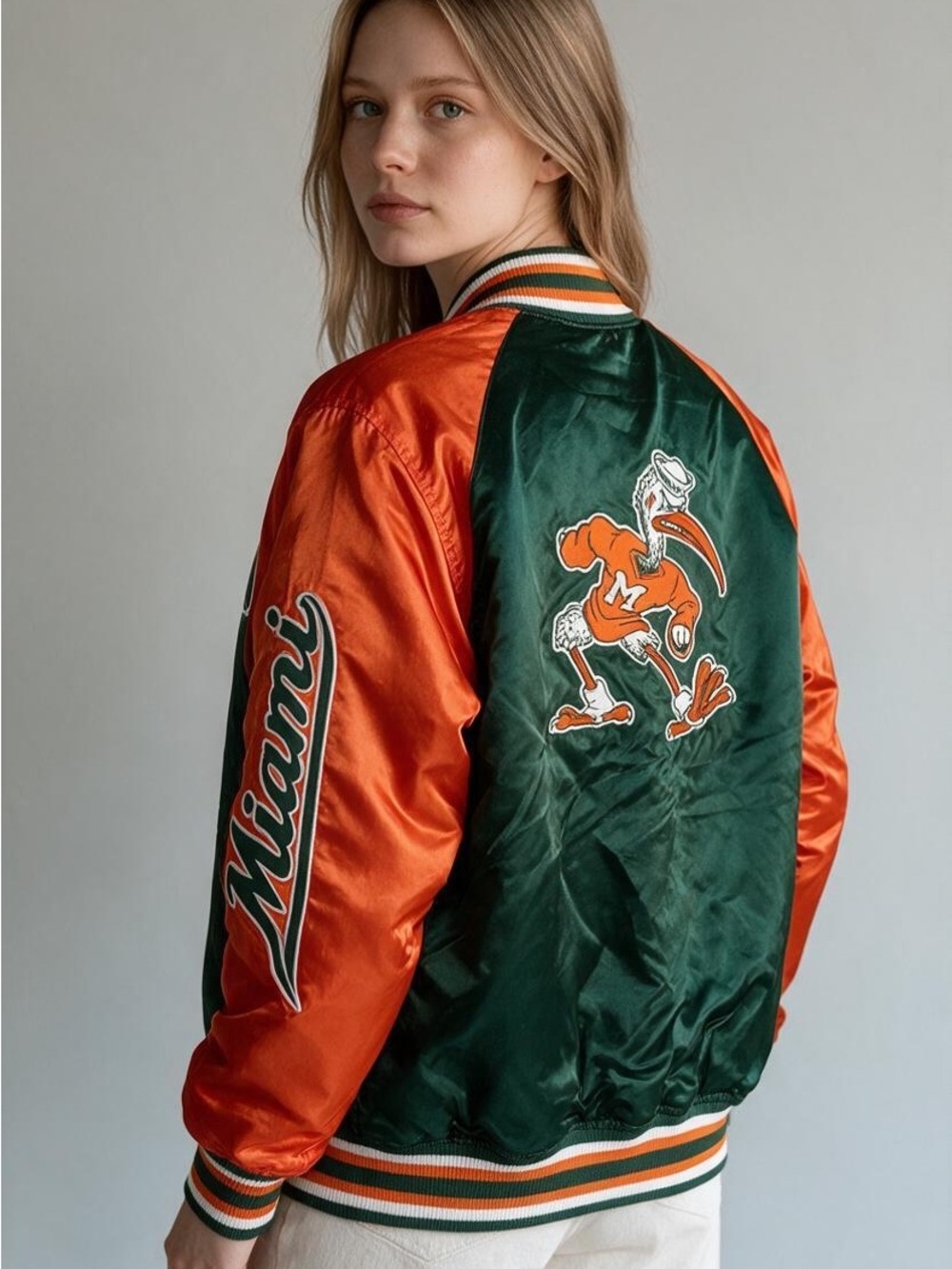 miami Satin Varsity Bomber Jacket in Green & Orange